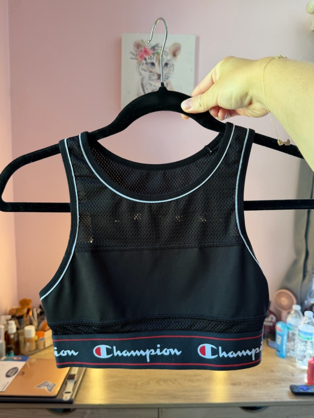 Champion Black Sports Bra with Logo Elastic Band and Red Trim